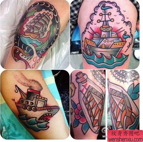一组school风格的帆船纹身图案