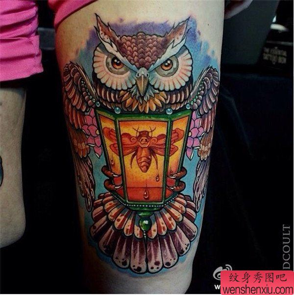 腿部个性彩色猫头鹰纹身图案