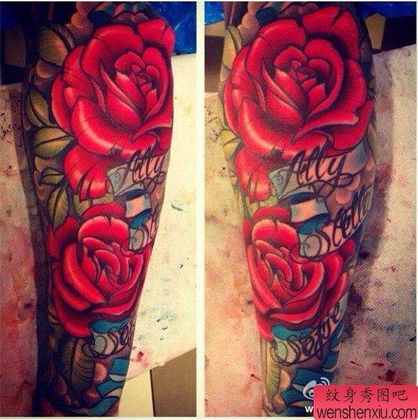 school彩色玫瑰花纹身图案