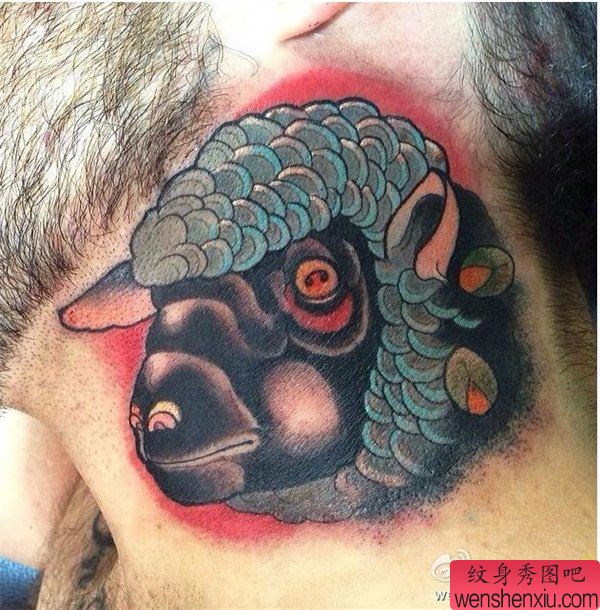 颈部彩色school绵羊纹身图案