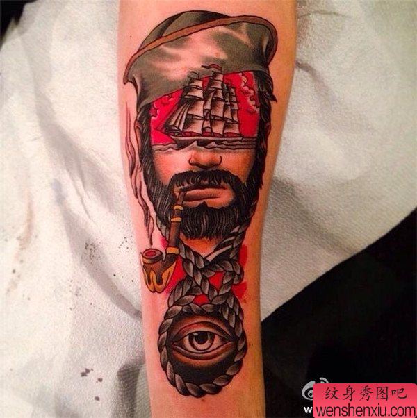 纹身秀图吧推荐一幅手臂彩色水手纹身图案