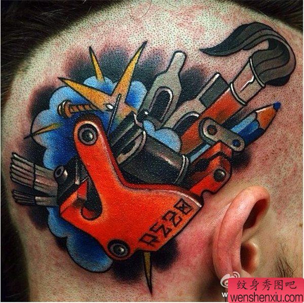 纹闪电推荐一幅头部彩色个性纹身机纹身图案