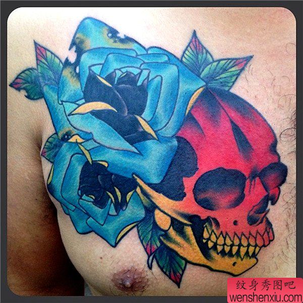 胸部欧美骷髅头玫瑰花纹身图案