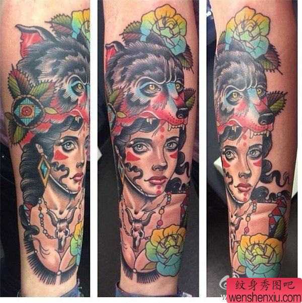 纹身秀图吧推荐一幅手臂彩色女郎纹身图案