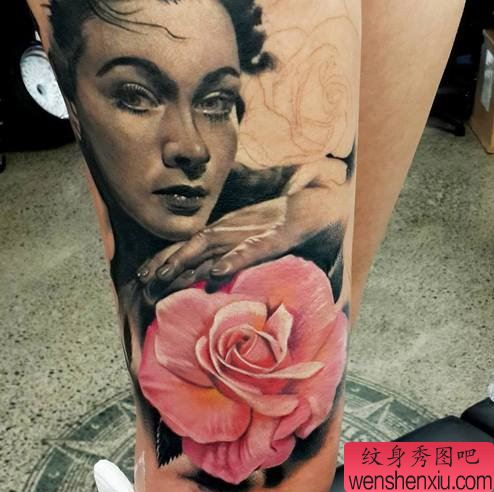 腿部欧美彩色人物肖像玫瑰花纹身图案