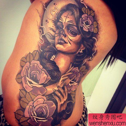 侧腰人物肖像纹身图案