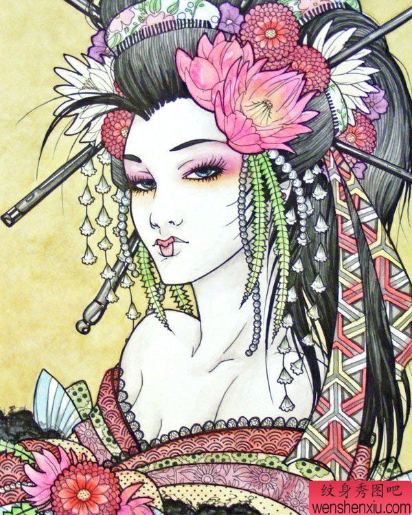 纹身秀图吧推荐一幅彩色艺妓纹身图案