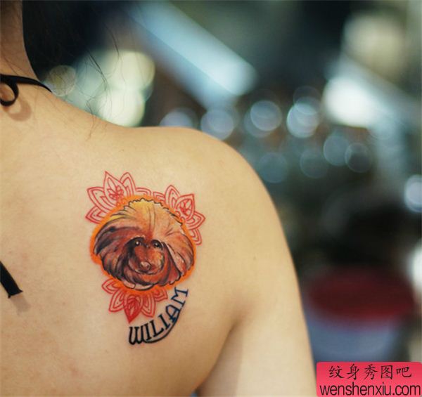 女人背部彩色狗狗纹身图案