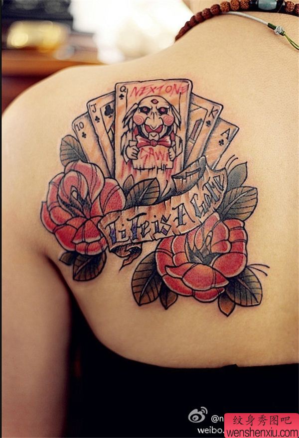 纹身秀图吧推荐一幅扑克牌玫瑰花纹身图案