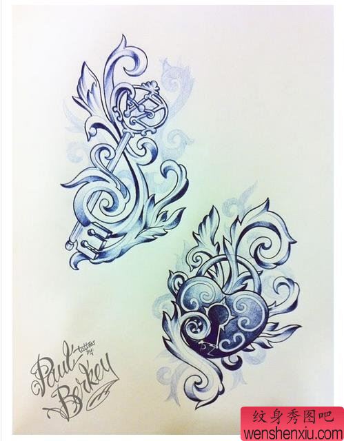 手稿钥匙锁纹身图案