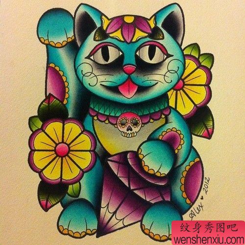 彩色招财猫纹身图案