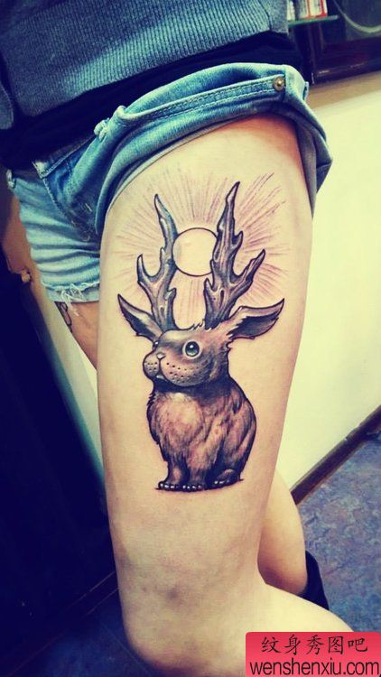 一幅女人腿部羚羊兔子纹身图案