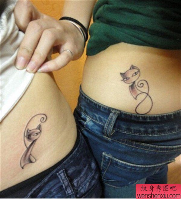 情侣腰部卡通可爱小猫咪爱情纹身