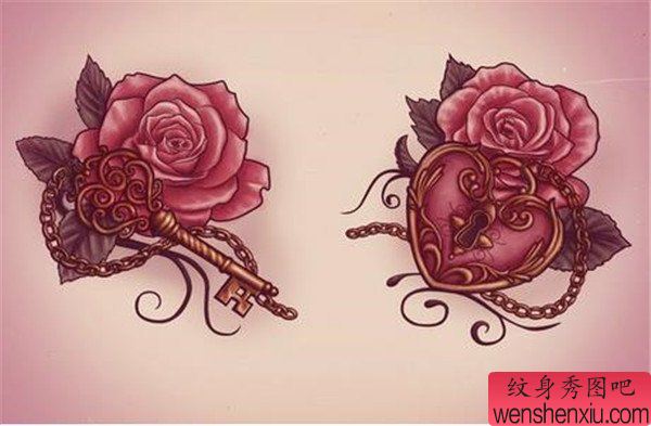 纹身秀图吧推荐一幅玫瑰花钥匙锁纹身图案