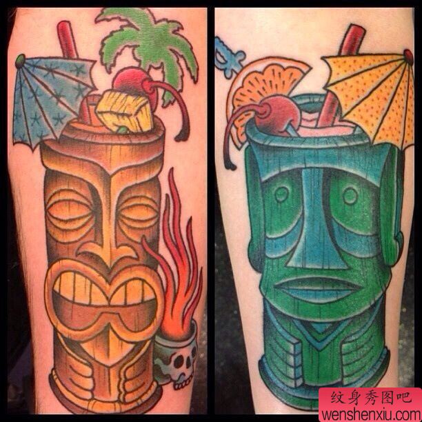 手臂彩色卡通饮料纹身图案