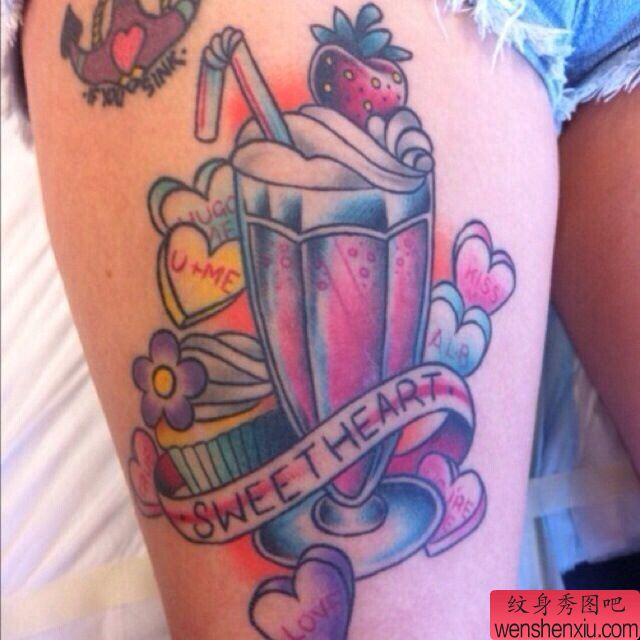 纹身秀图吧推荐一幅腿部彩色饮料纹身图案