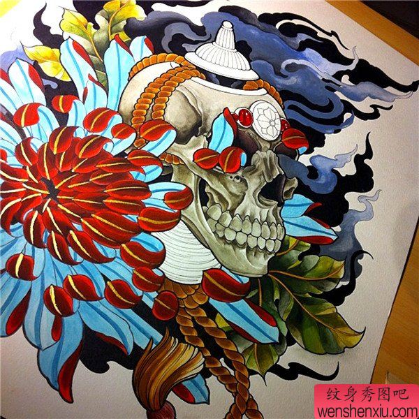 欧美骷髅头菊花纹身图案