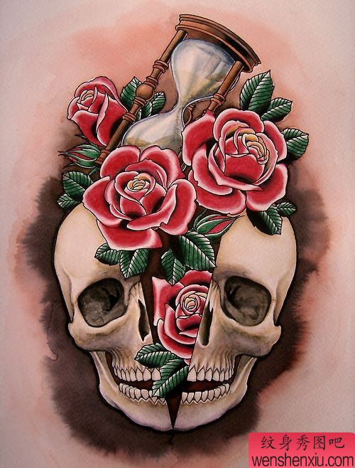 骷髅头沙漏纹身图案