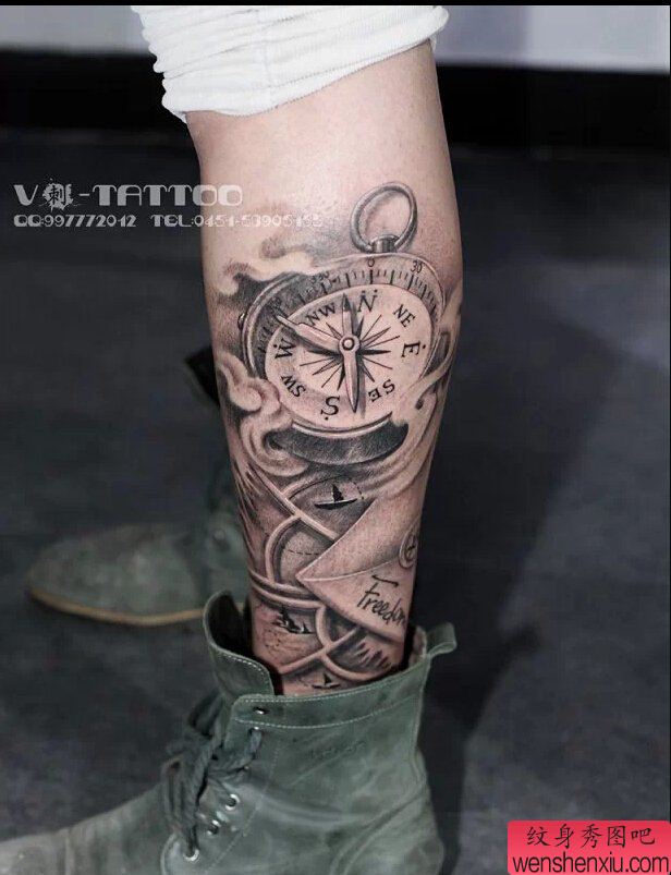 腿部指南针罗盘纹身图案