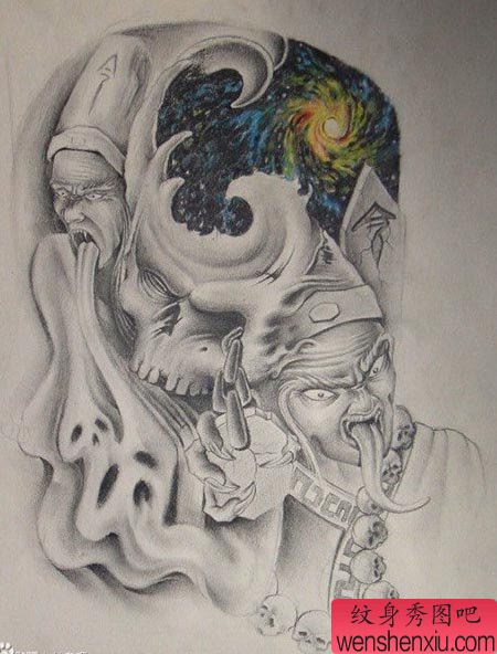 一幅黑灰无常纹身手稿图案