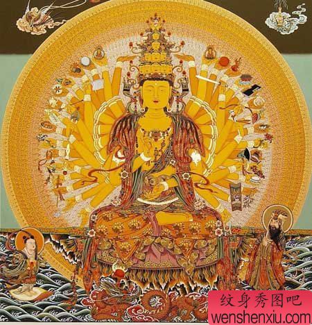 一幅彩色千手观音纹身图案