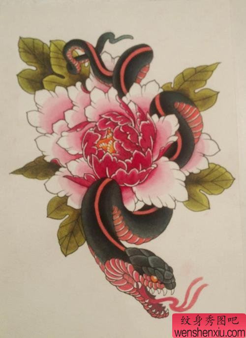 牡丹花蛇文身手稿作品