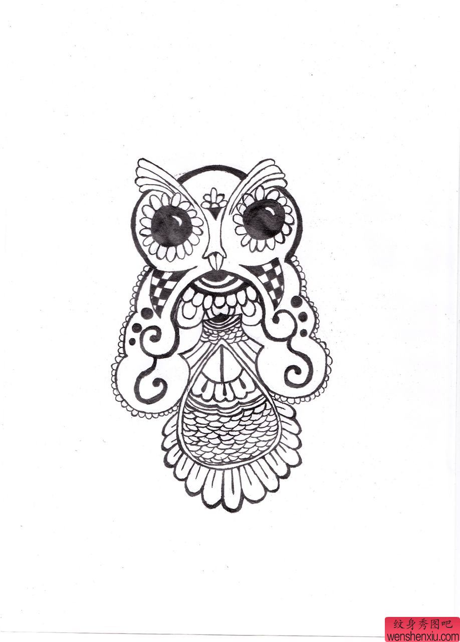 猫头鹰文身线稿作品