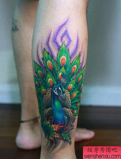 腿部彩色创意孔雀文身作品