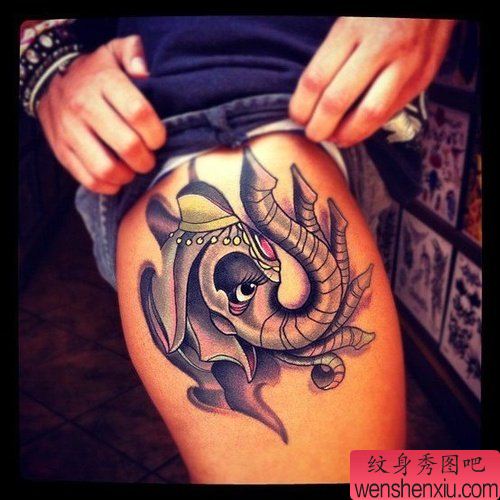 文身秀图吧推荐一幅腿部象文身作品