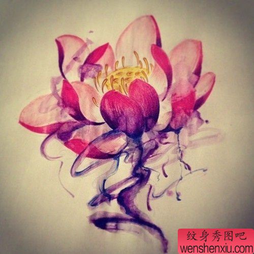 文身秀图吧推荐一幅彩色莲花文身手稿作品