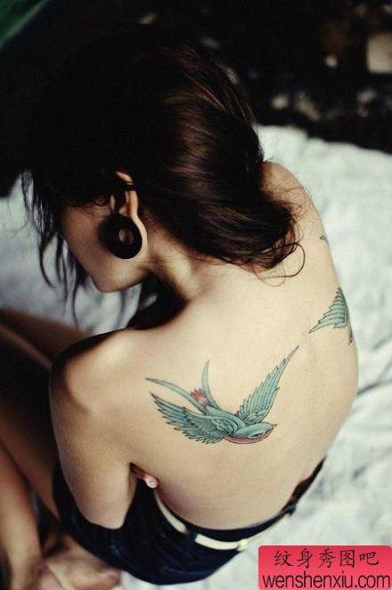 女人肩背彩色燕子文身作品