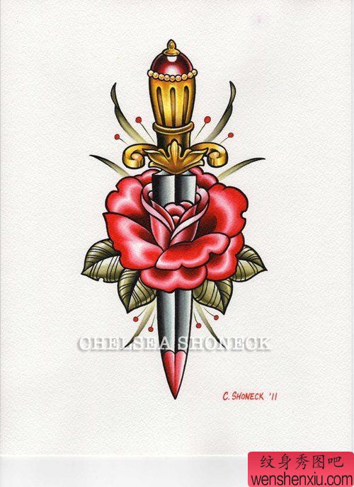 玫瑰花匕首文身手稿作品