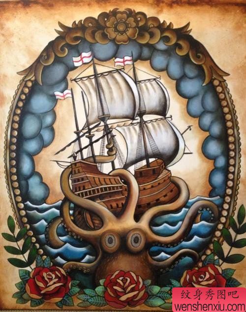复古帆船文身作品