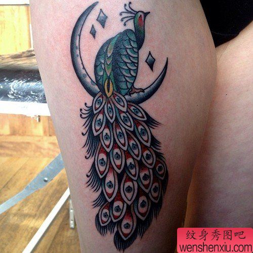 腿部彩色孔雀文身作品
