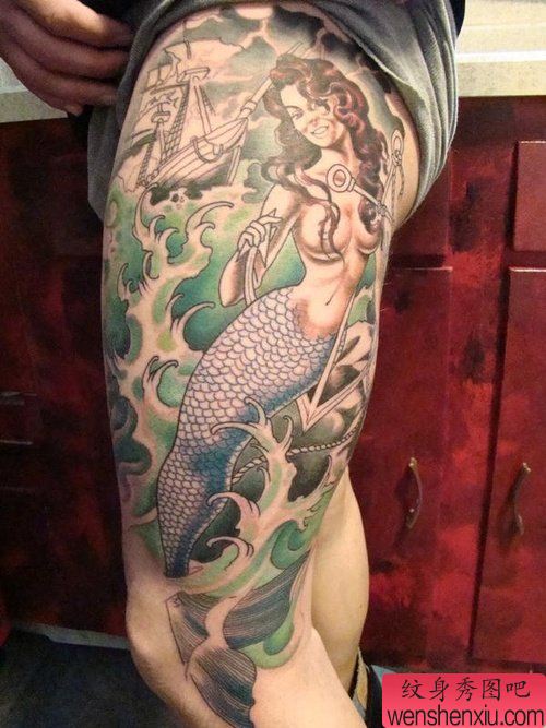 腿部彩色美人鱼文身作品