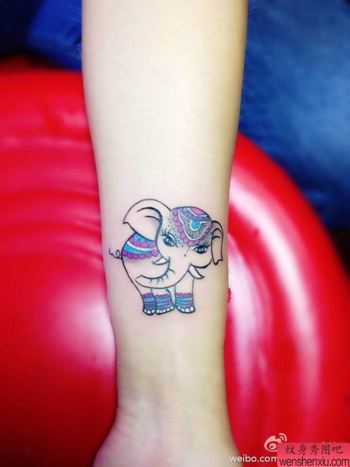 腿部彩色象文身作品
