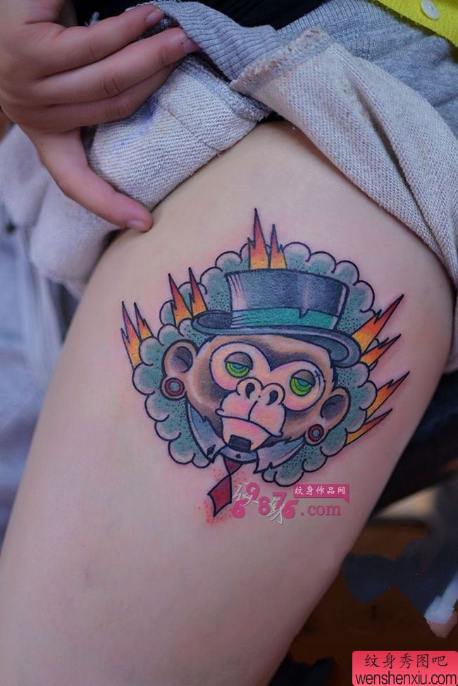 文身秀图吧推荐一幅腿部彩色猴子文身作品