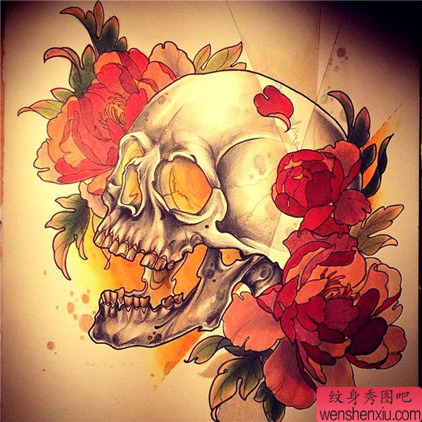欧美彩色骷髅头牡丹花文身作品