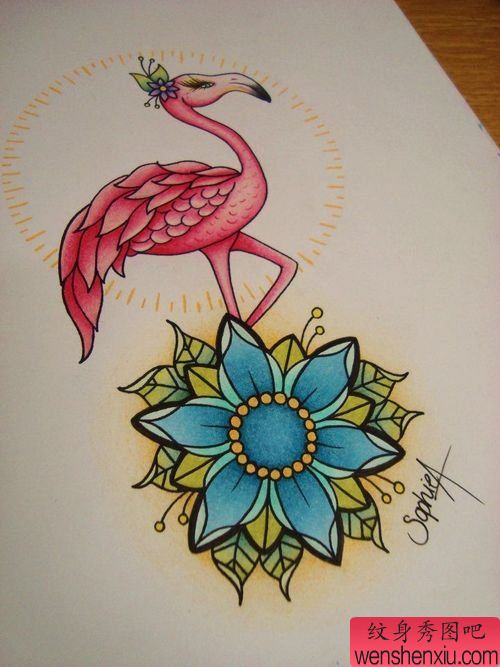 一幅彩色丹顶鹤花文身手稿作品