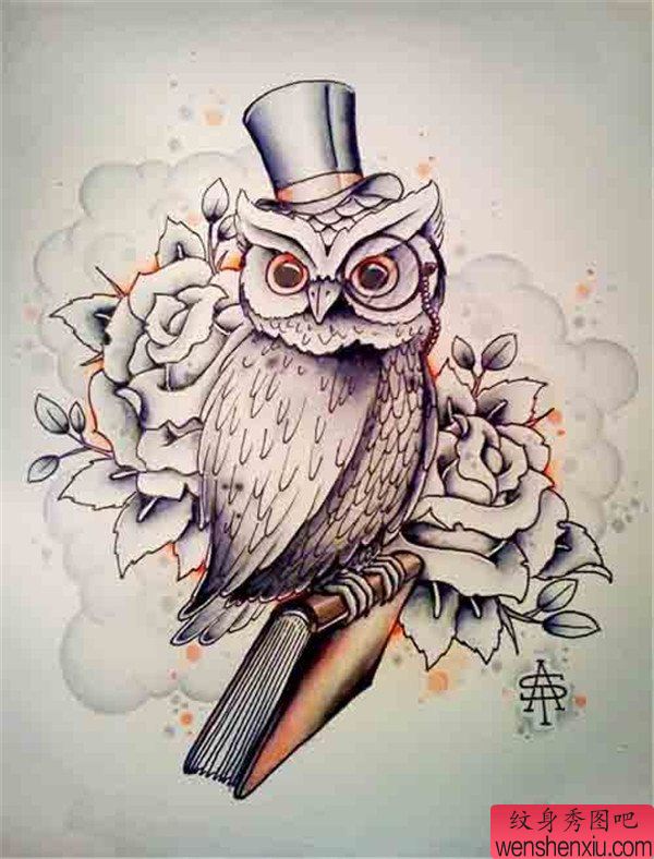 一幅猫头鹰文身手稿作品