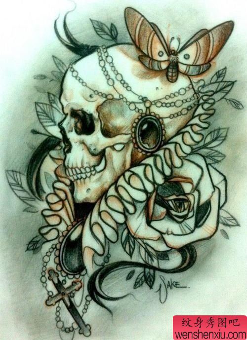 欧美骷髅头文身作品