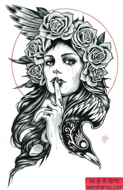 女郎玫瑰花文身手稿作品