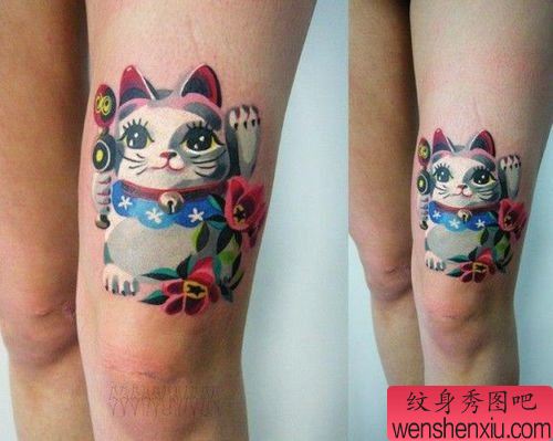文身秀图吧推荐腿部招财猫文身作品