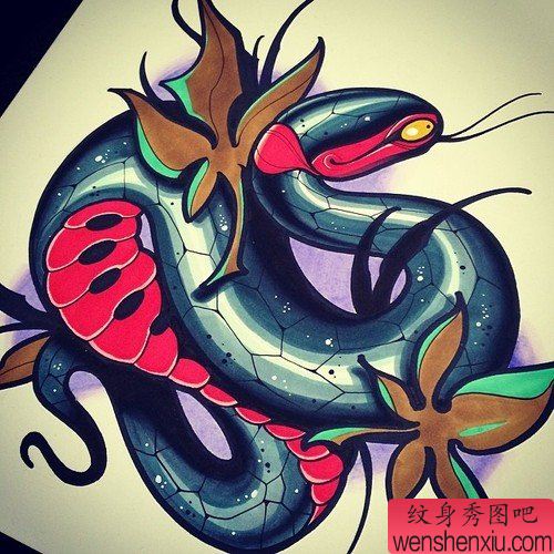 文身秀图吧推荐一幅school风格蛇文身作品