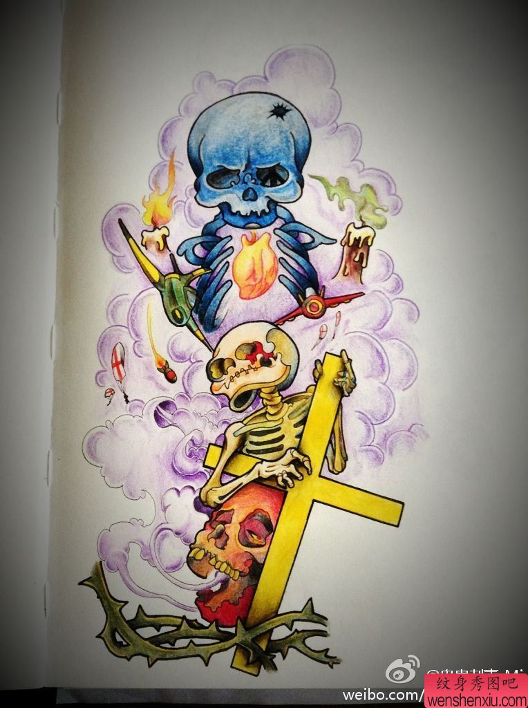 创意骷髅头十字架文身作品