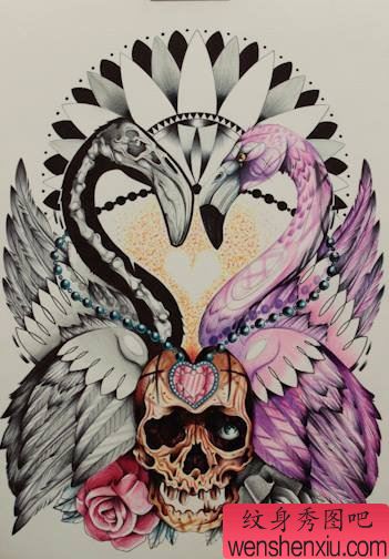 文身秀图吧推荐一幅适合做满背的骷髅头鹅文身作品