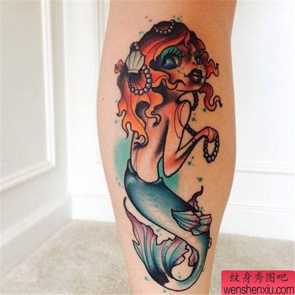 腿部创意美人鱼文身作品
