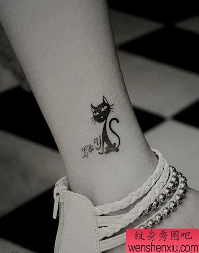 腿部女人小猫咪文身作品