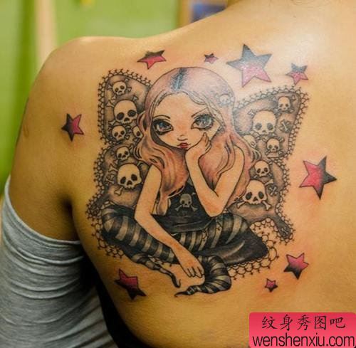 背部蝴蝶精灵文身作品