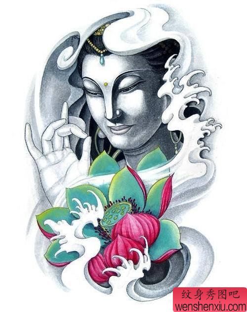文身秀图吧推荐一幅观音莲花文身手稿作品